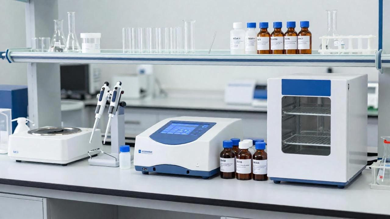 Lab wide overview with reagent shelves