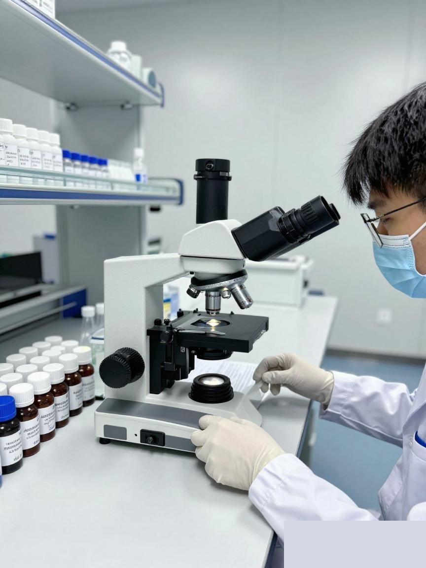 QC technician at microscope with brown reagent vials