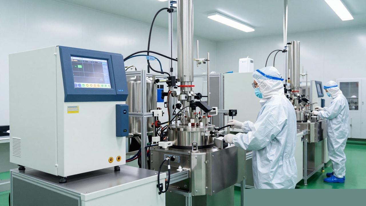 Two operators in cleanroom suits at large peptide reactor