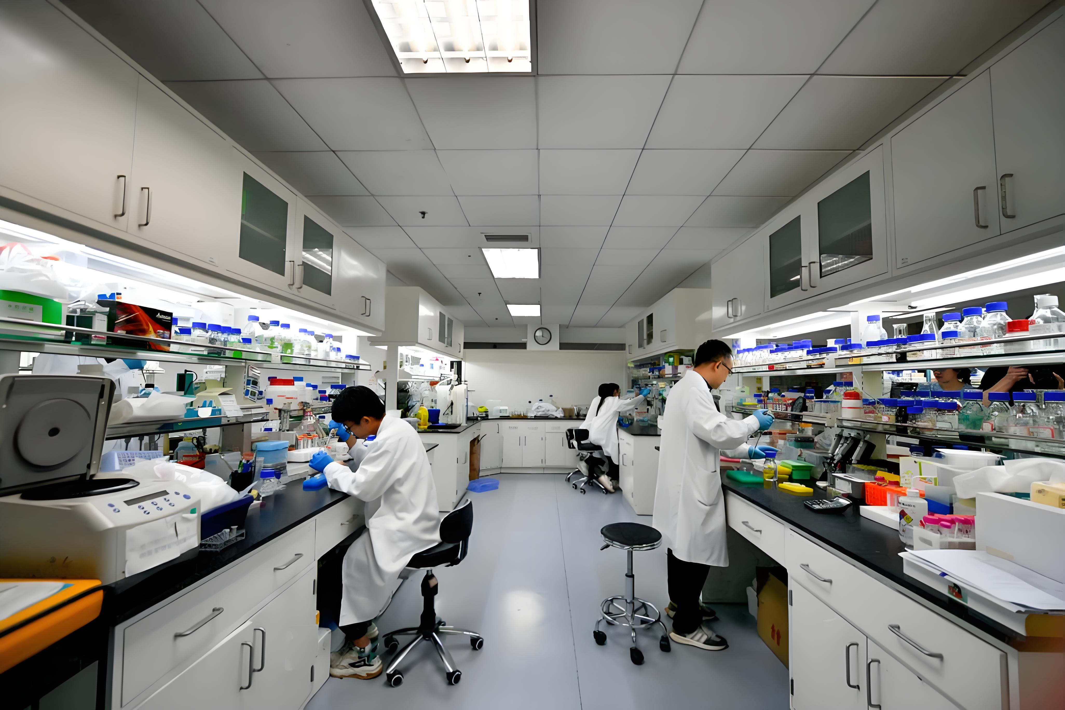 Researchers working together at the bench